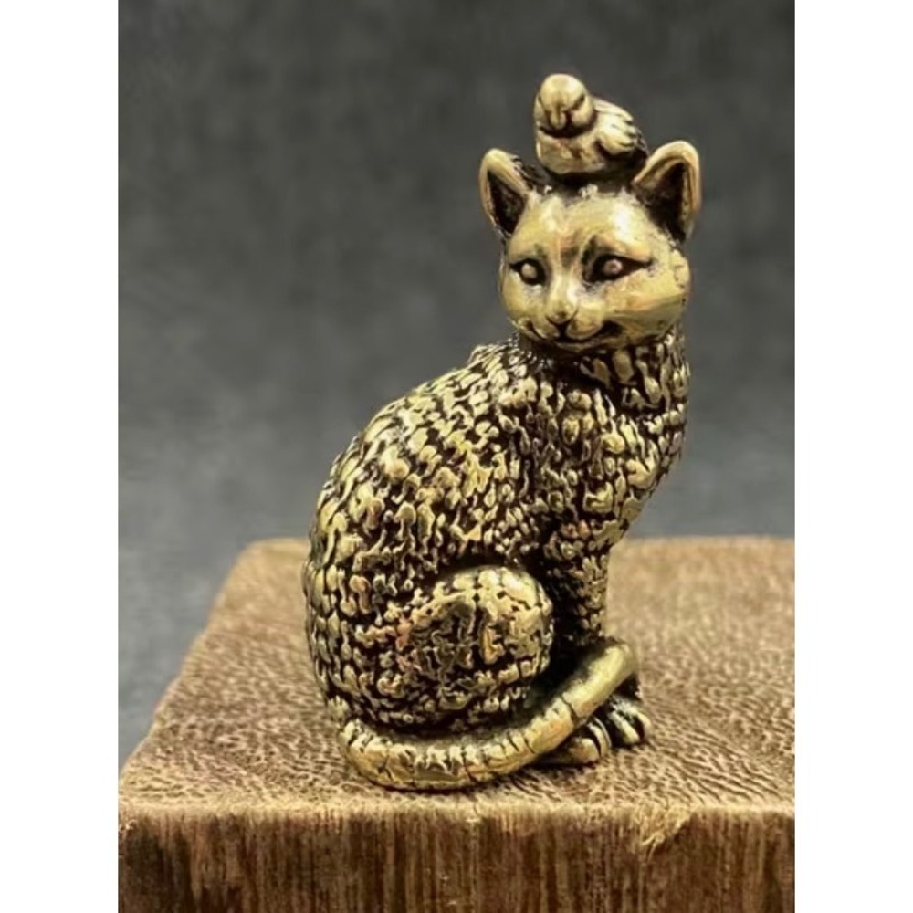 Brass Cat Figurine‎ with Bird Brass Animal Sculptures New